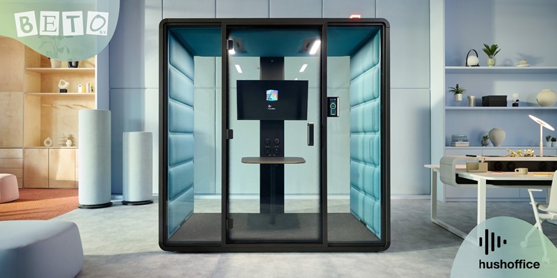 Hushoffice. Akoestische vergaderruimte, flexplek en belcabine. 